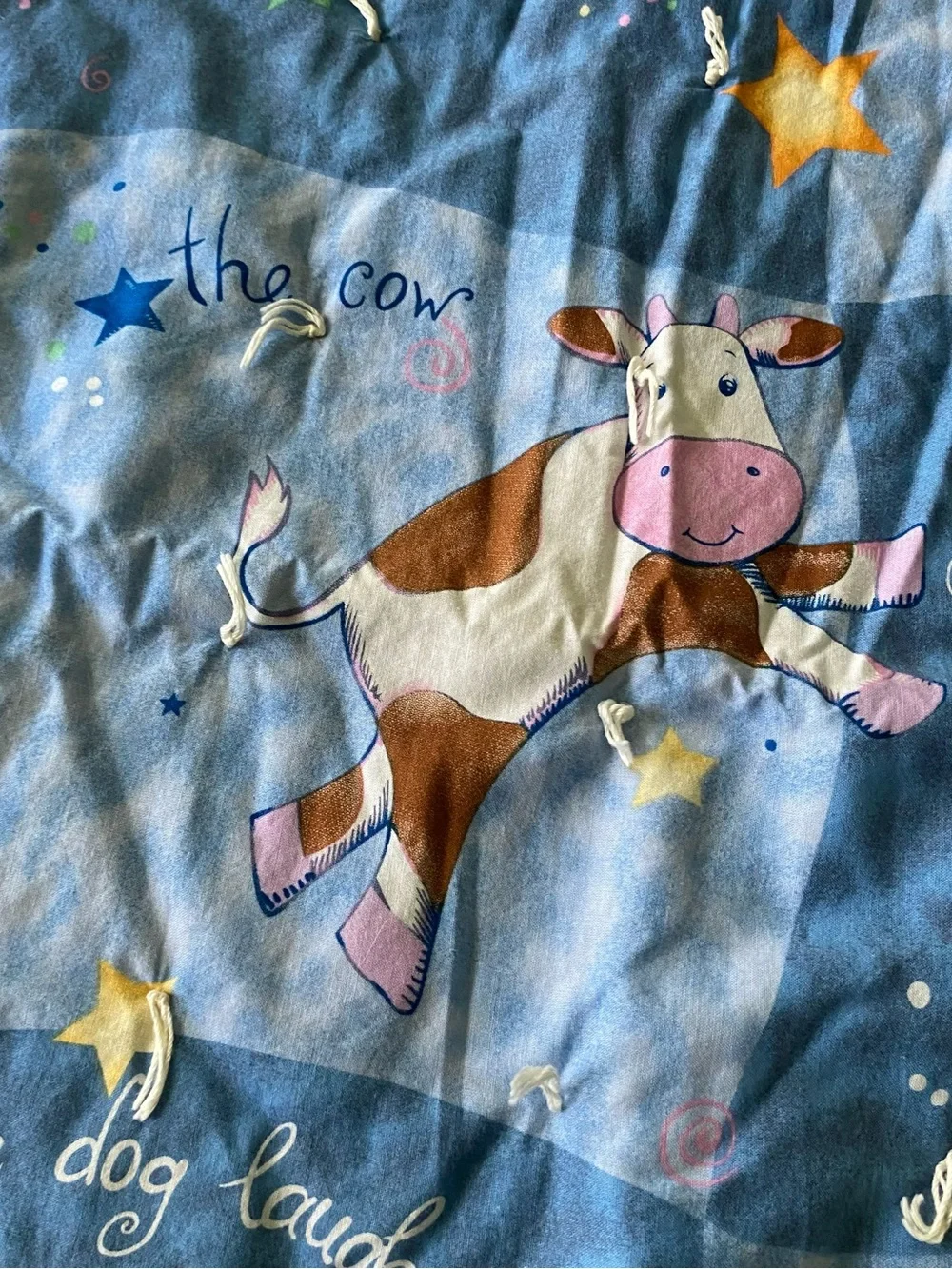 Vtg Hey Diddle Diddle Nursery Rhyme Baby Blanket Stars Cow Celestial Moon Dog